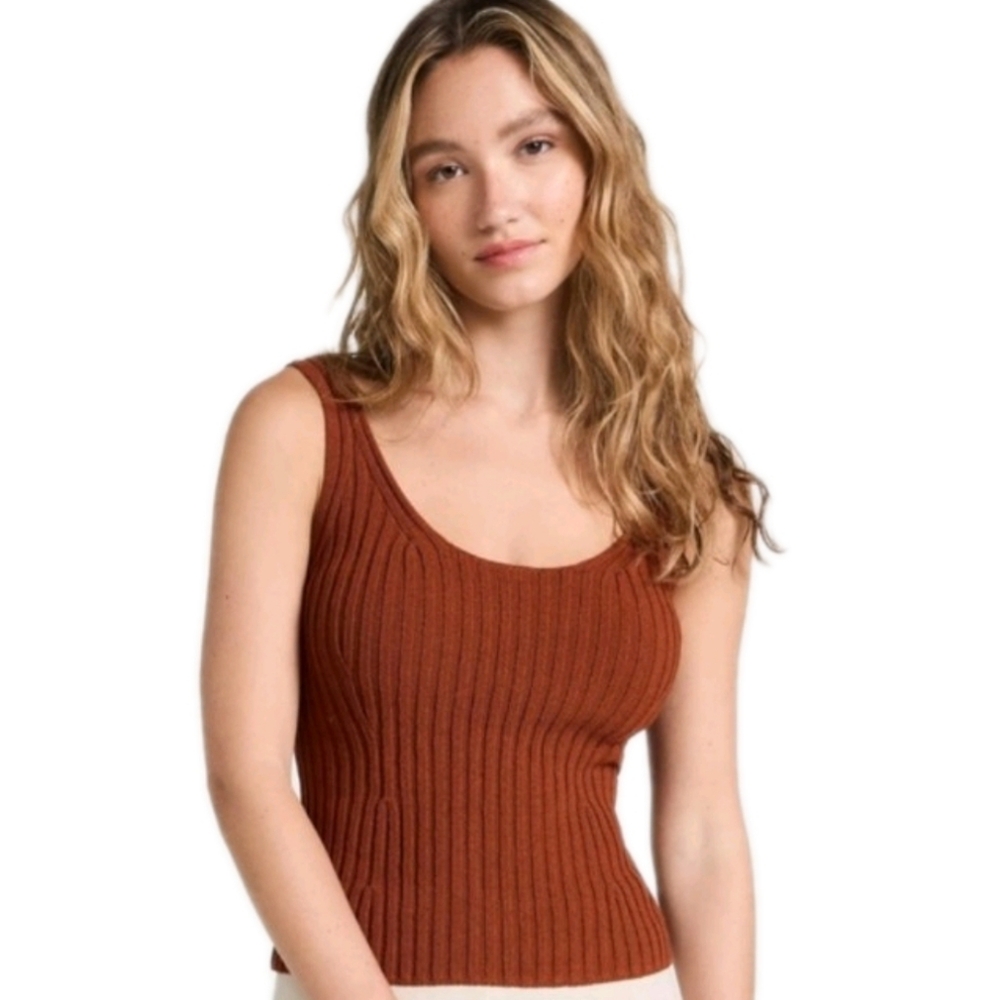 VINCE Rib Tie Back Cotton Blend Sweater Tank Top In Rust Amber Size L